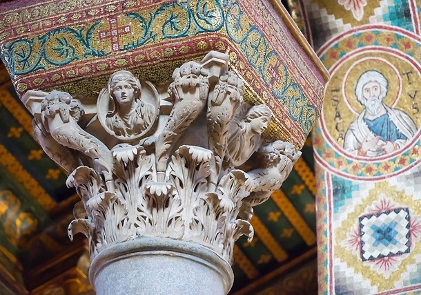 Details of the reused ancient Roman column capital in Cattedrale di Monreale Sicily 