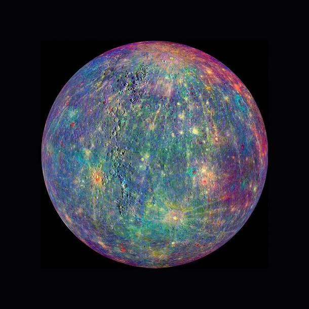 Different minerals appear in a rainbow of colors in this image of Mercury from NASAs MESSENGER spacecraft