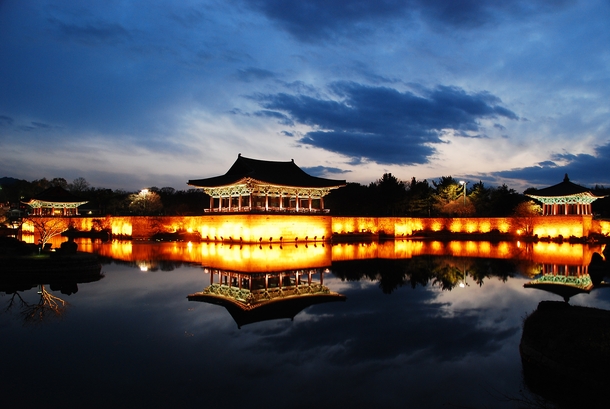 Donggung Palace and Wolji Pond an artificial pond and the surrounding architecture of the Royal Palace complex of the Kingdom of Silla constructed initially in  AD and restored Gyeongju South Korea 
