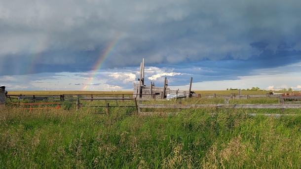 Double Rainbow by Decaying Barn in Rural Alberta 