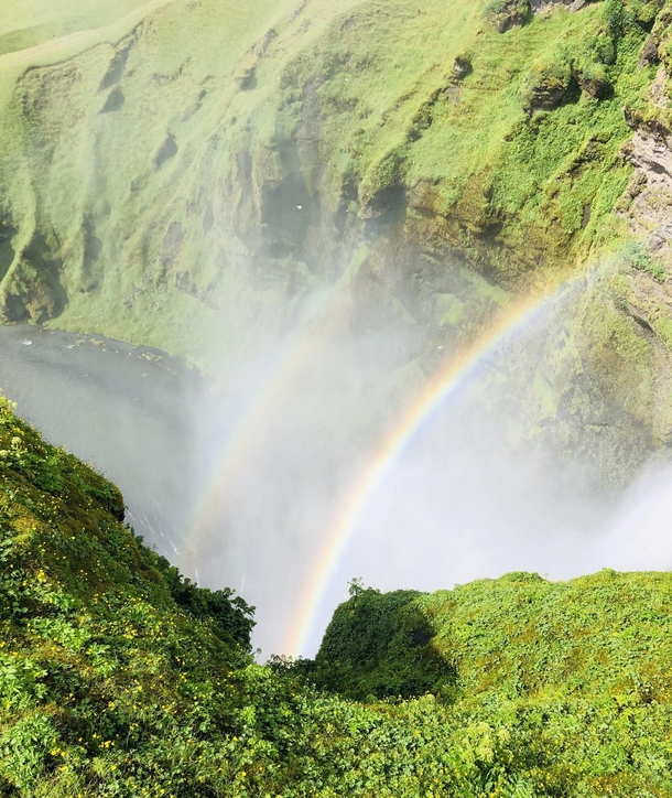 Double Rainbow formed by Skogafoss Waterfall Iceland 