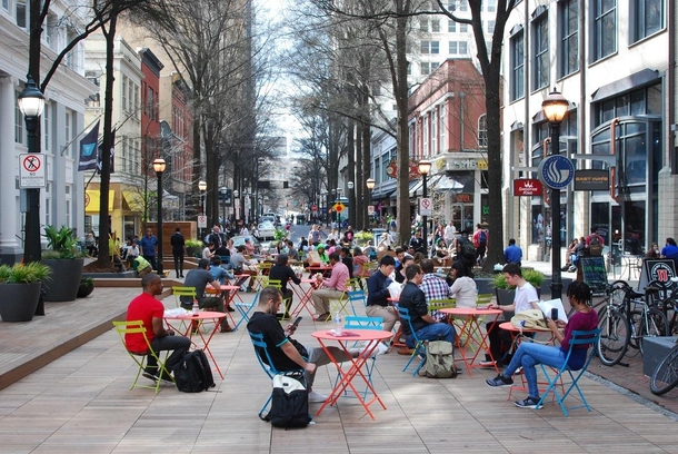 Downtown Atlanta block shut off to cars and redesigned for pedestrians