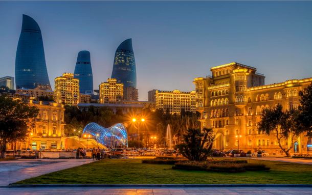 Downtown Baku Azerbaijan with the Flame Towers in the background 
