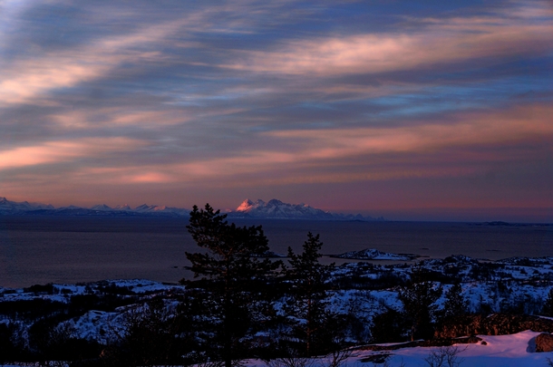 Dramatic sunrise on a bitter cold february morning Lofoten Norway 