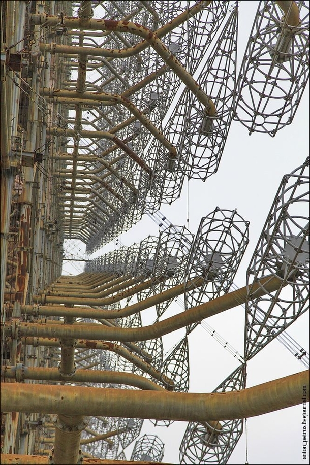 Duga- Russian Early Warning Radar System NATO reporting name Steel Yard also know as the Russian Woodpecker due to its propensity to cause pecking sounds in radios worldwide Chernobyl Exclusion Zone OS gallery in comments 