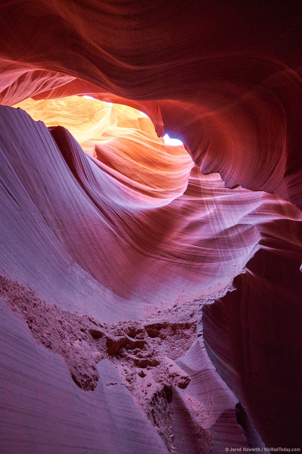 Early morning sunlight paints a spectrum of color on the walls of Lower Antelope Canyon in Page AZ July  