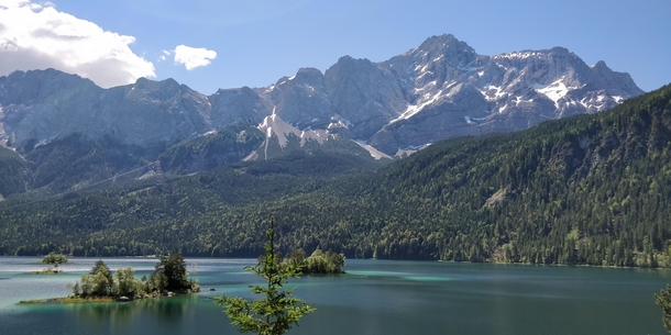 Eibsee in front of the highest mountain in Germany the Zugspitze 