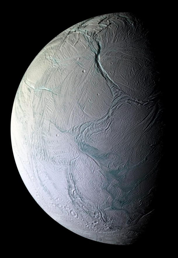 Enceladus moon of Saturn This picture is composition of  photos taken by Cassini in 