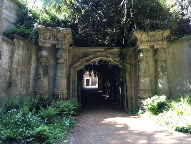 Entrance to the Egyptian style catacombs in Highgate Cemetery London Uk