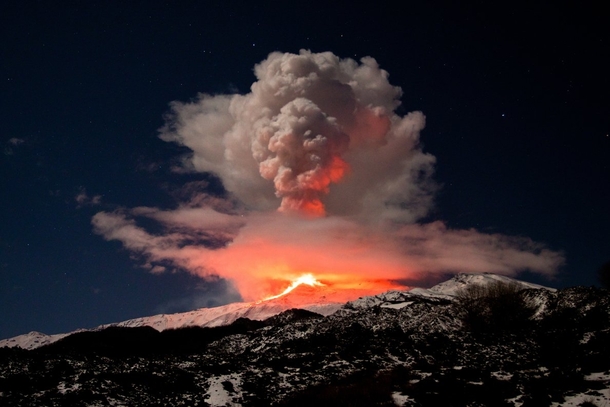 Eruption of Mt Etna in Sicily against a starry sky  OS