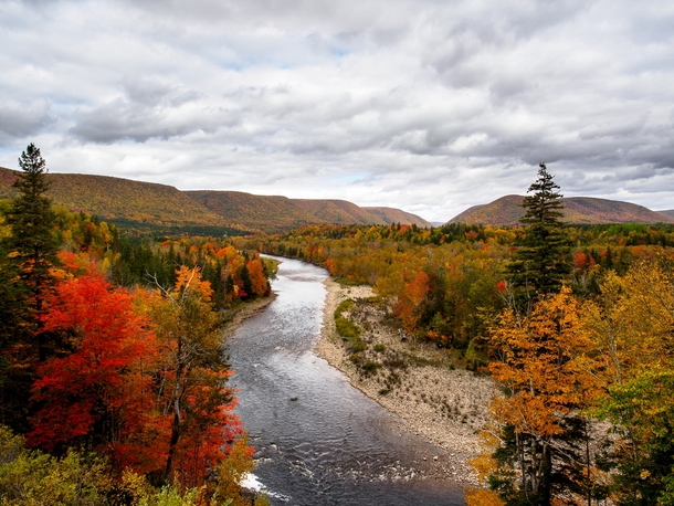 Fall colours of the Margaree Valley in the Cape Breton Highlands Nova Scotia  