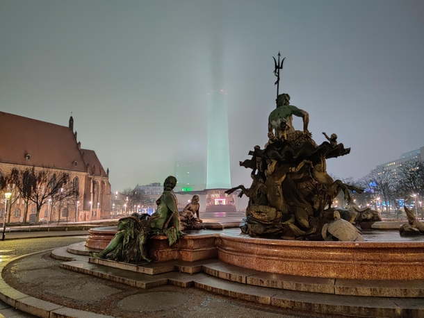 Fernsehturm Berlin on a foggy night