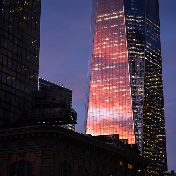Fiery sunset reflected on the World Trade Center on a freezing night in New York City