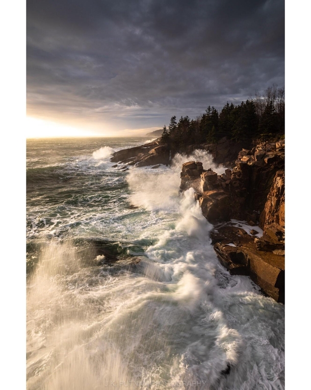 Finally Big surf and an incoming high tide lined up with the sunrise along the coast of Acadia National Park Single exposure 