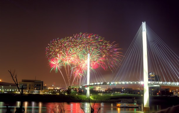 Fireworks over Missouri River - Bob Kerrey Pedestrian Bridge - Omaha Nebraska USA 