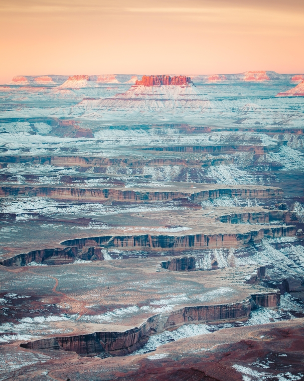 First light during a winter sunrise in Canyonlands National Park Utah 