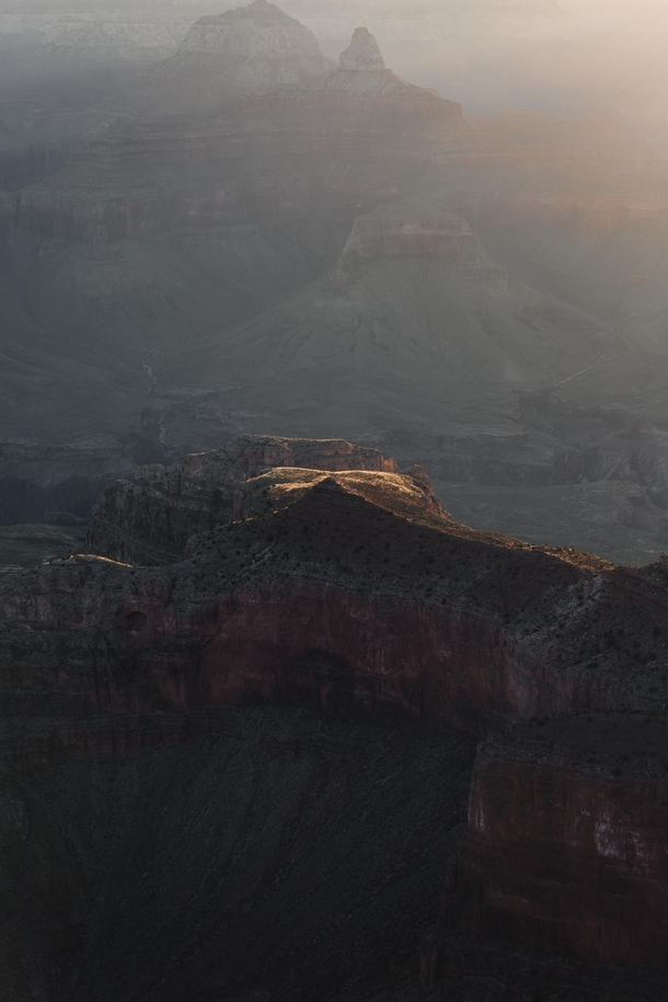 First light hitting a peak in the Grand Canyon 