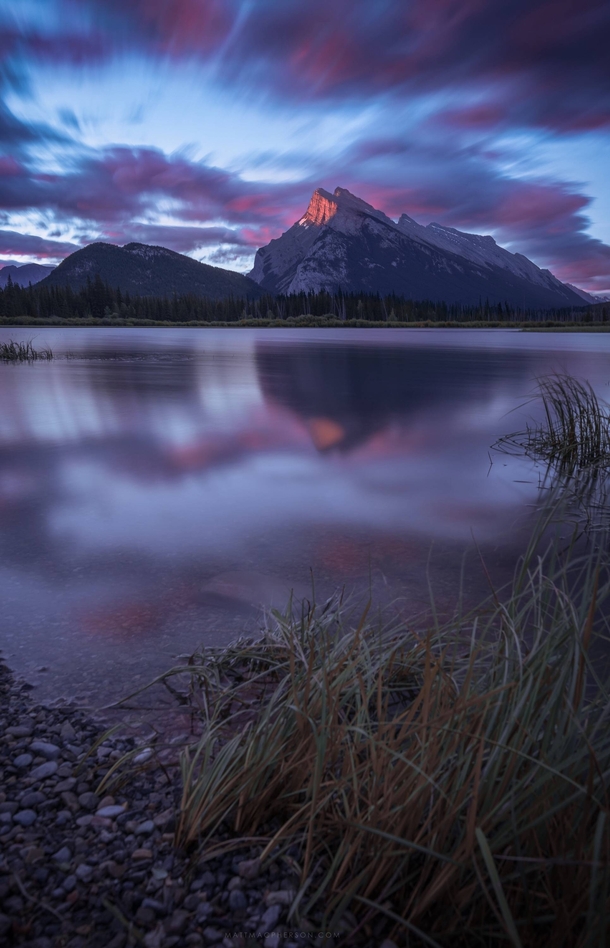 First sunlight hitting Mount Rundle from the Vermillion lakeshore 