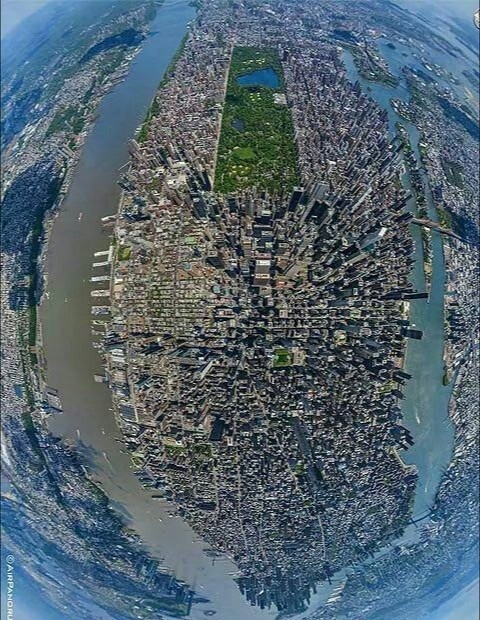 Fish eye view above Manhattan New York 