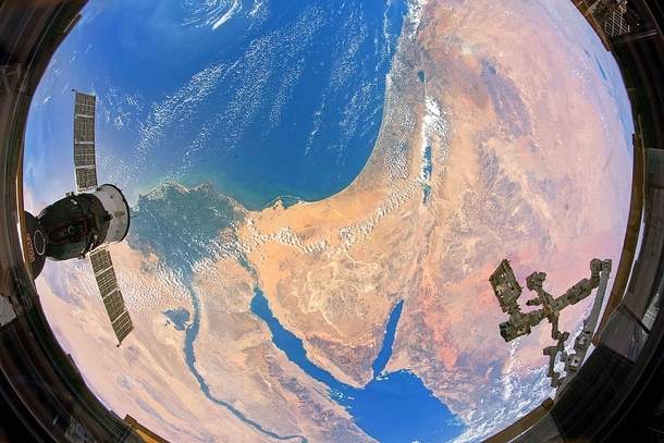 Fisheye lens view encompassing landscapes from two continentsthe Nile Delta in Africa and the Sinai Peninsula and the Levant in southwest Asia Credit Laura Phoebus Jacobs JETS Contract at NASA-JSC