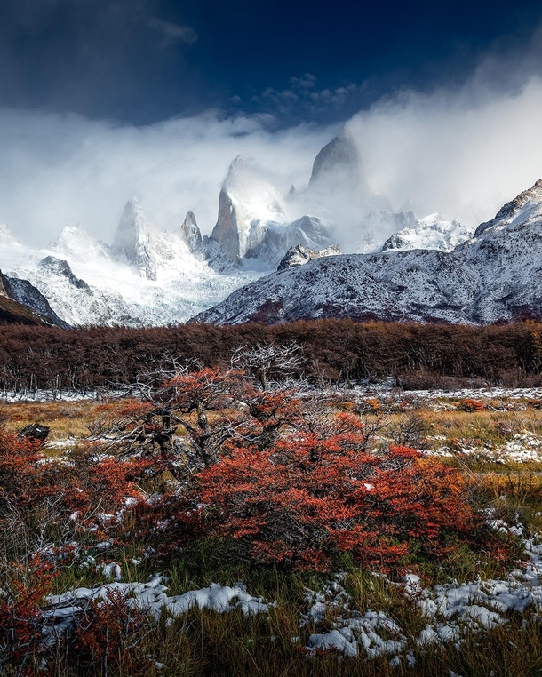 Fitz Roy covered in clouds after a snow blizzard Argentina 