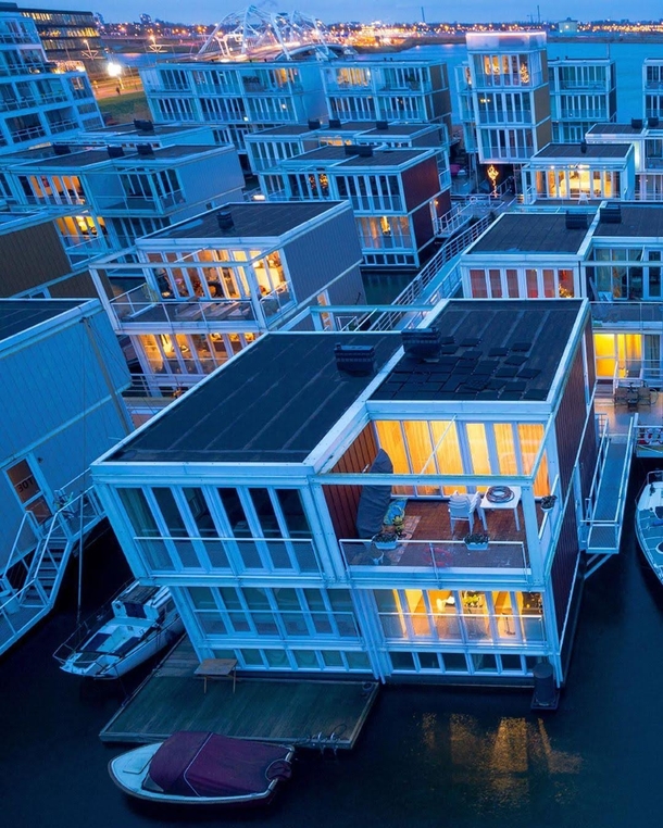 Floating houses immune to rising sea levels in the Ijburg section of Amsterdam
