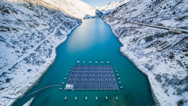 Floating solar platform on Lac des Toules Switzerland This lake already serves as a hydropower station but is now harvesting additional solar power High up in the Swiss mountains the atmosphere is rarer solar radiation stronger and in winter the snow can 