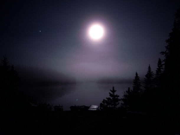 Fog amp moon at Lac Rochu Canada 