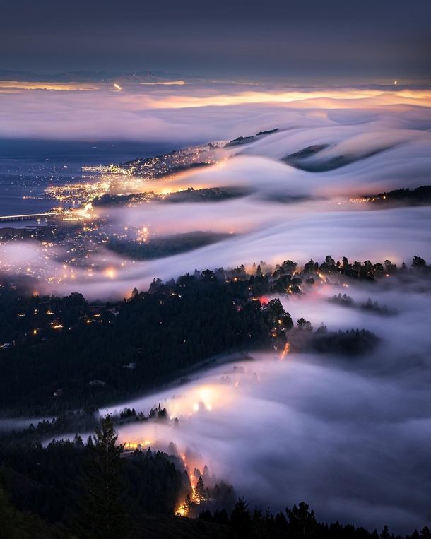 Fog rolls in over the City of Marin CA 