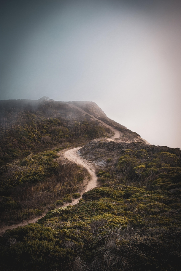 Foggy evening hiking in Pedro Point California 
