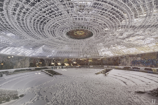 Footsteps imprinted in the snow inside the abandoned House of the Bulgarian Communist Party  By Rano Pano