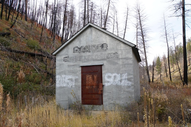 Former explosives storage building that survived a  forest fire Located on Malheur National Forest OC