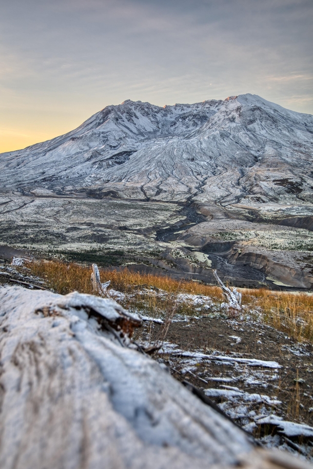 Fresh dusting of snow at Mt St Helens Sunrise just starting to hit the mountain 