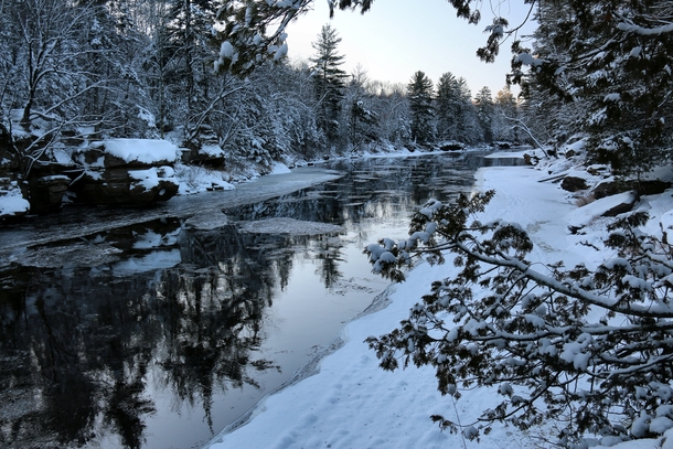 Fresh snow and early morning on the Kettle River Sandstone MN 