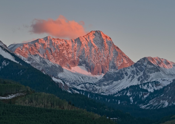 Fresh snow makes for a perfect sunset on Capitol Peak CO 