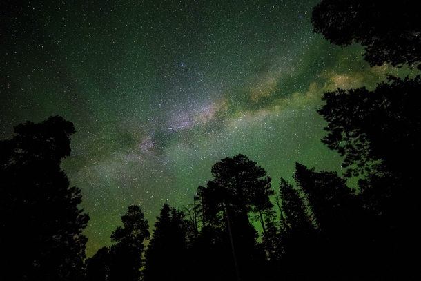 From my camping trip this weekend The emerald green color comes from Oxygen and Nitrogen in the upper atmosphere combining to make Laughing Gas AKA Airglow 