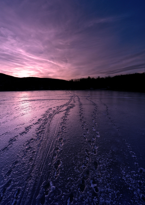 Frozen footprints on Lake Buel in Massachusetts 