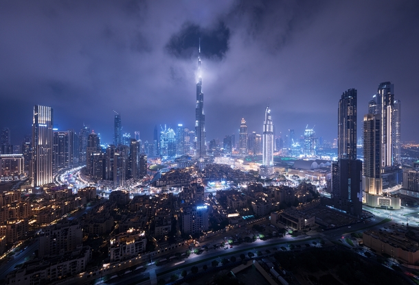Futurama- the skyline of Downtown Dubai late at night 