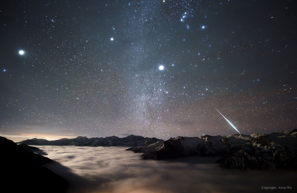 Geminid meteor shower over Mt Balang in China photo by Alvin Wu The bright fireball streaking across the lower right was caused by a pebble that intersected the protective atmosphere of Earth originally expelled by the asteroid-like object  Phaethon 
