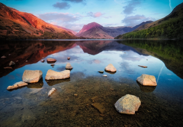 Gentle sunset gentle lake at Buttermere Lake District England 