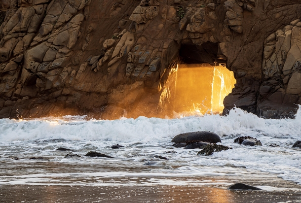 Gift from the Winter Solstice Once year for a few weeks the sun perfectly aligns to create a beam of light After two failed attempts I got a clear day Pfeiffer Beach Big Sur California 