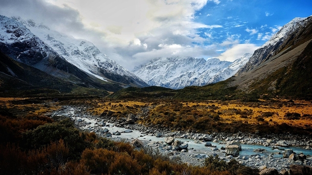 Glacial river passes beneath Mt Cook New Zealand   x 