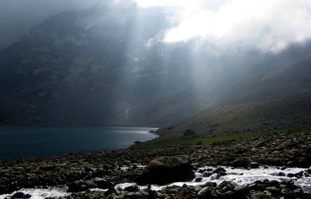 Glacier melting down a mountainside in the Himalayas the singlemost awe-inspiring view of my life so far 