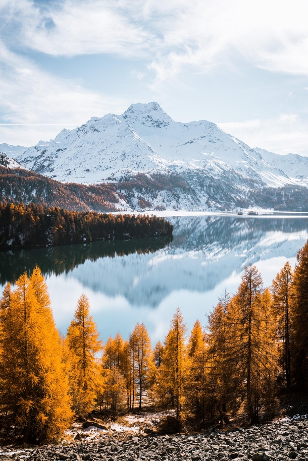 Golden autumn meets winter Engadin Switzerland 
