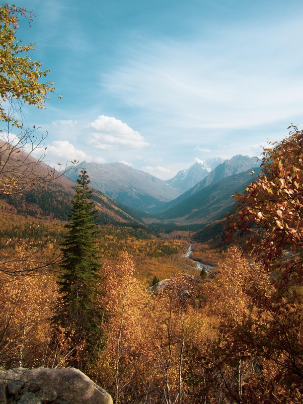 Gorgeous autumn in Caucasus Alibek river valley Dombay October  