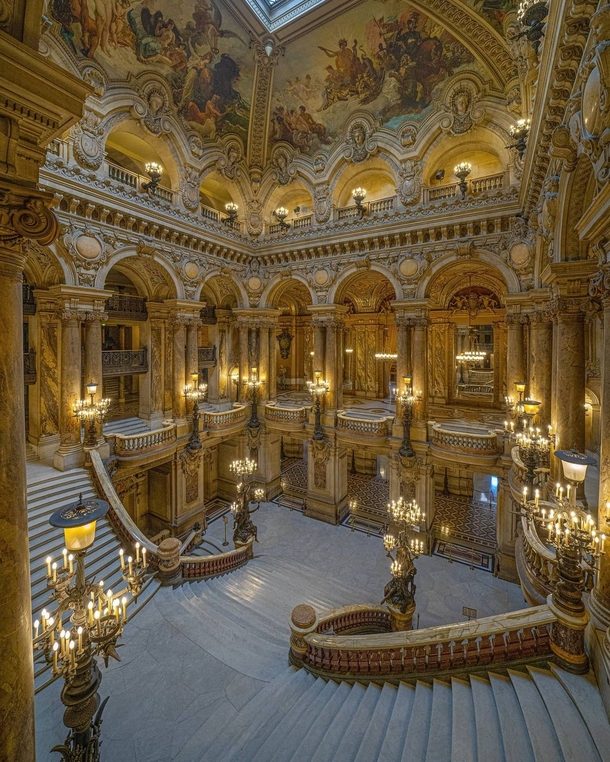 Grand staircase of the Second Empire style Palais Garnier completed in  th arrondissement of Paris France