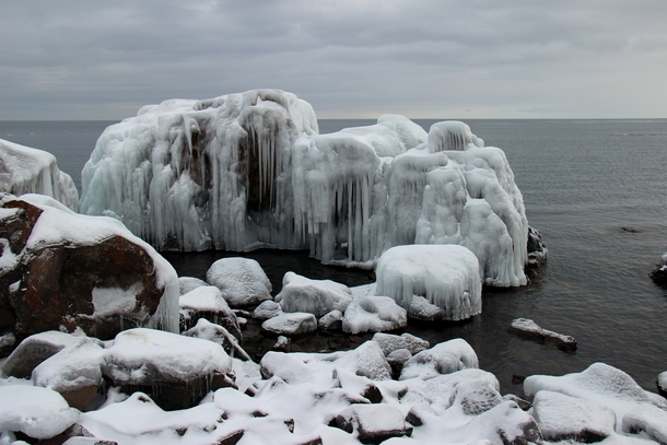 Gray Gray and more Gray Frozen rocks on Lake Superior Two Harbors MN 