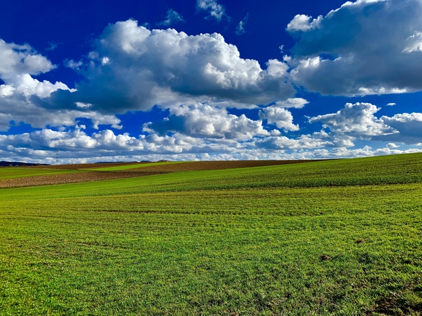 Green fields under a blue cloudy sky in Southern Germany 