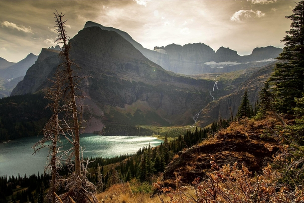 Grinnell Lake and waterfall - Glacier National Park Montana 