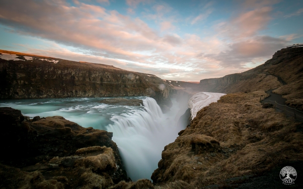 Gullfoss Iceland in May at Sunset 